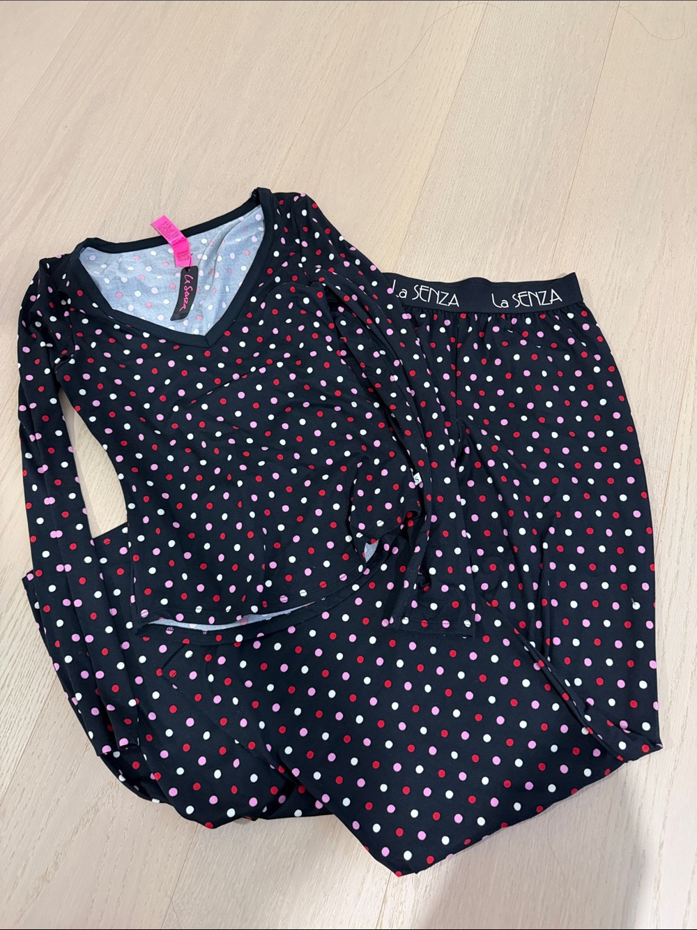 La SENZA Black Pajama Set with Pink and White Polka Dots